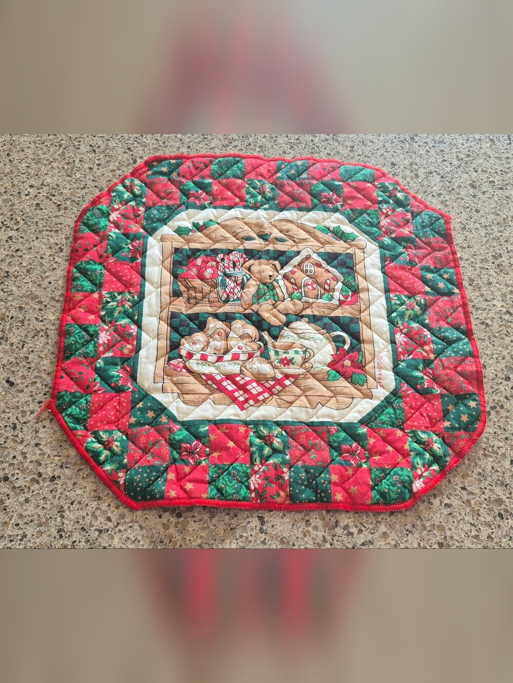 Vintage Franco Christmas Quilted Placemat Trivet Teddy Bear Gingerbread 13x13